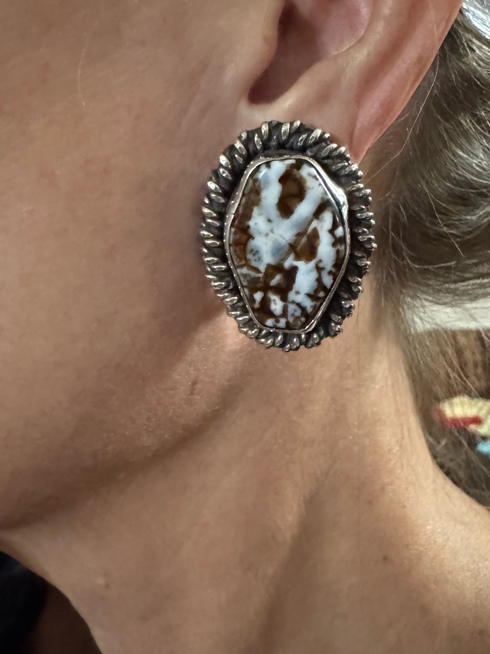 Sterling Silver Brown and White Stone Statement Earrings